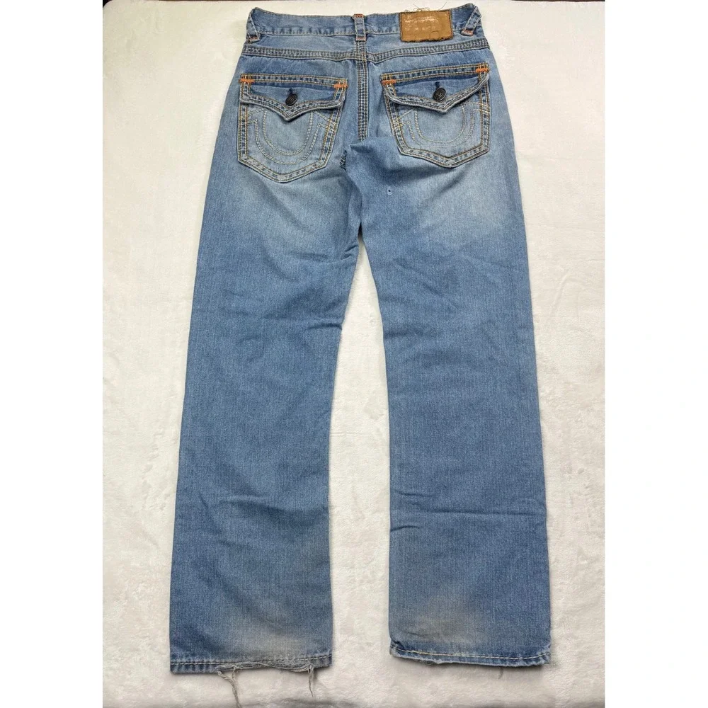 True Religion Ricky Straight Leg Jeans Mens 34x32 Made in USA Light Wash Blue